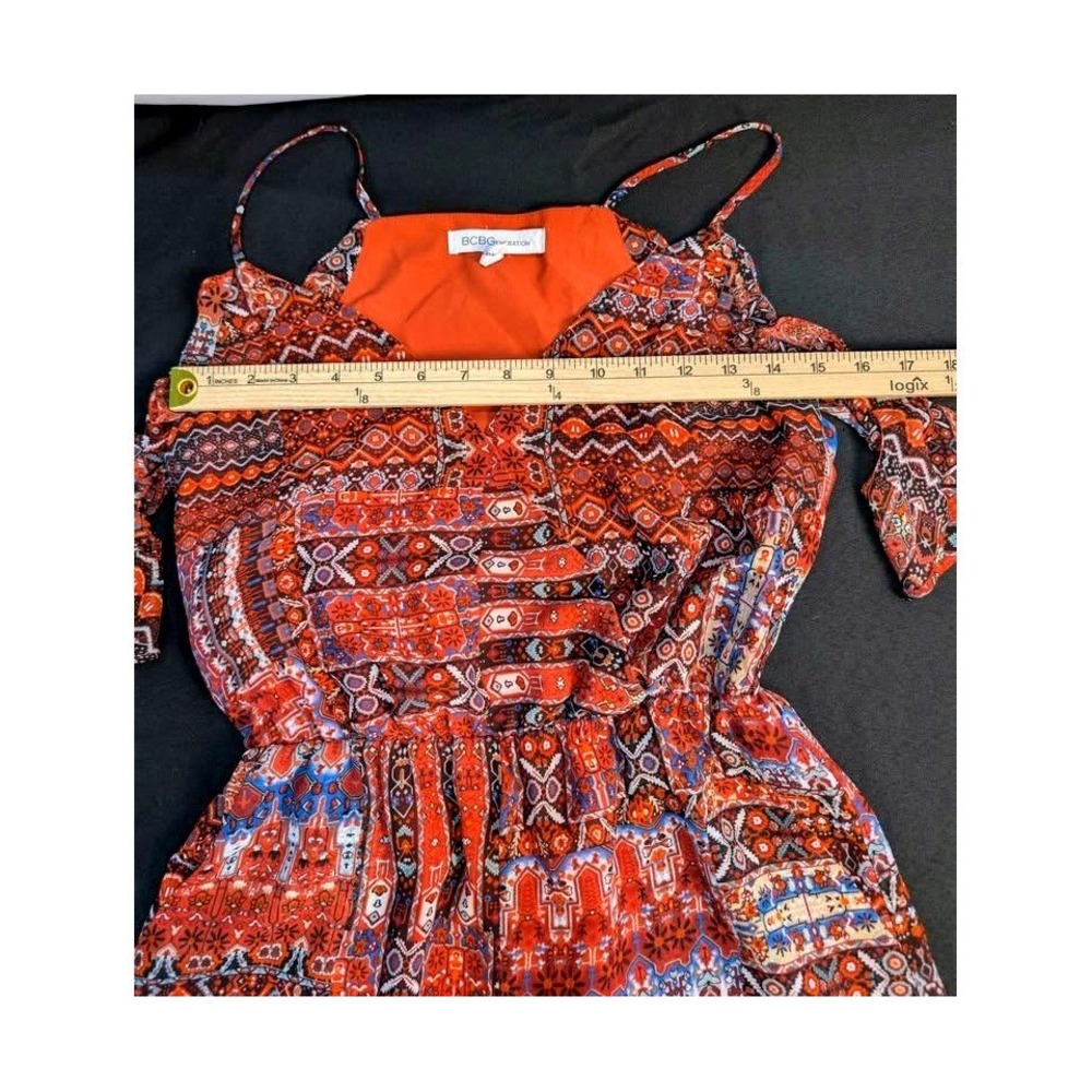 BCBGeneration ~ Romper ~ Size Small~ Orange/Multi Geometric/Cold Shoulder/V-Neck - Picture 7 of 8